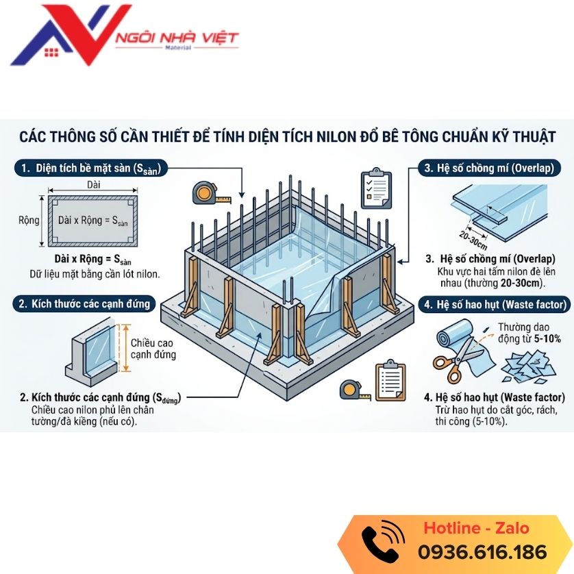 Các thông số để tính diện tích nilon đổ bê tông Các thông số để tính diện tích nilon đổ bê tông